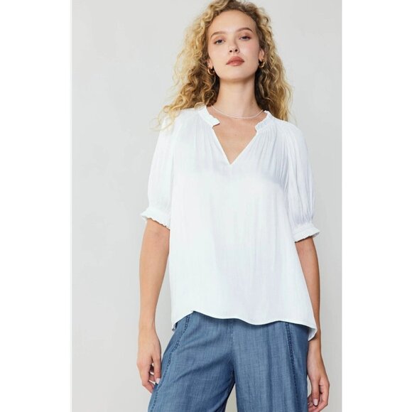 Current Air Womens White Elbow Sleeve Ruffled Trim Split Neck Blouse Size Large - Picture 2 of 7